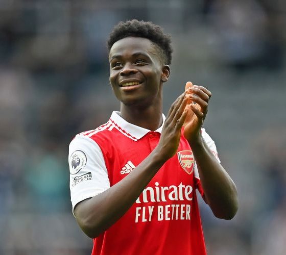Bukayo Saka celebrating a goal for Arsenal