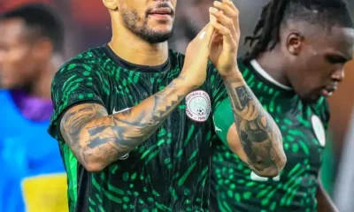William Troost-Ekong celebrates after scoring a penalty for Nigeria against Lesotho in the World Cup qualifier.