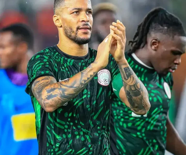 William Troost-Ekong celebrates after scoring a penalty for Nigeria against Lesotho in the World Cup qualifier.