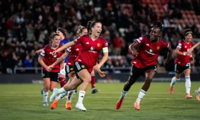 "Maya Le Tissier celebrates scoring Manchester United Women’s first Champions League goal against Valerenga"