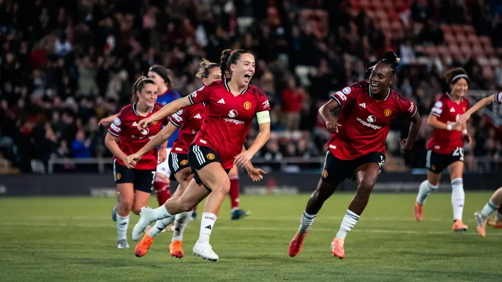 "Maya Le Tissier celebrates scoring Manchester United Women’s first Champions League goal against Valerenga"