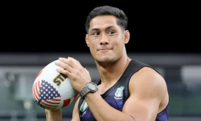 Australian Rugby League Commission chairman Peter V’Landys speaking at a press conference about R360 player ban