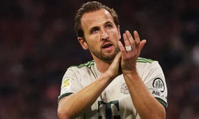 Harry Kane celebrates a goal for Bayern Munich amid contract uncertainty and transfer speculation linking him with Premier League and MLS clubs.