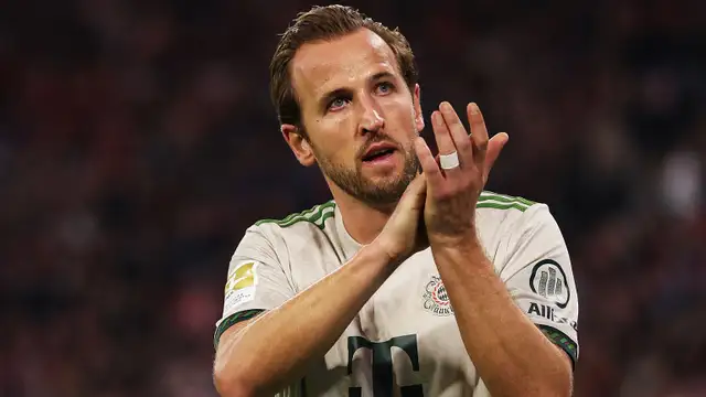 Harry Kane celebrates a goal for Bayern Munich amid contract uncertainty and transfer speculation linking him with Premier League and MLS clubs.