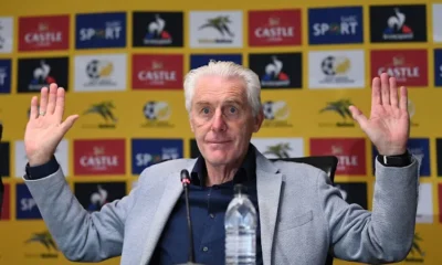 South Africa coach Hugo Broos gestures on the sidelines during a World Cup qualifier.