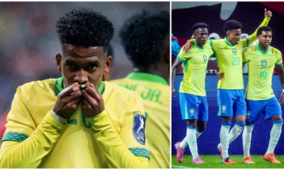 Estevao Willian celebrates after scoring for Brazil against South Korea in a 5-0 victory.