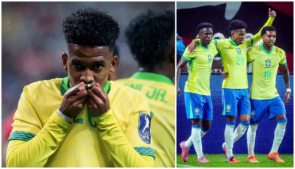 Estevao Willian celebrates after scoring for Brazil against South Korea in a 5-0 victory.