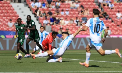 "Flying Eagles players look dejected after conceding against Argentina at the U-20 World Cup"