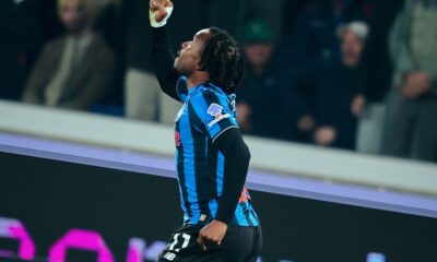 Ademola Lookman celebrates after scoring for Atalanta in their Serie A draw against AC Milan.