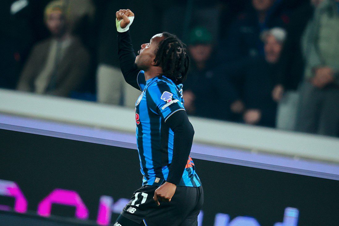 Ademola Lookman celebrates after scoring for Atalanta in their Serie A draw against AC Milan.