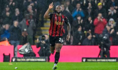 Antoine Semenyo celebrating a goal for Bournemouth during the Premier League 2025/26 season.