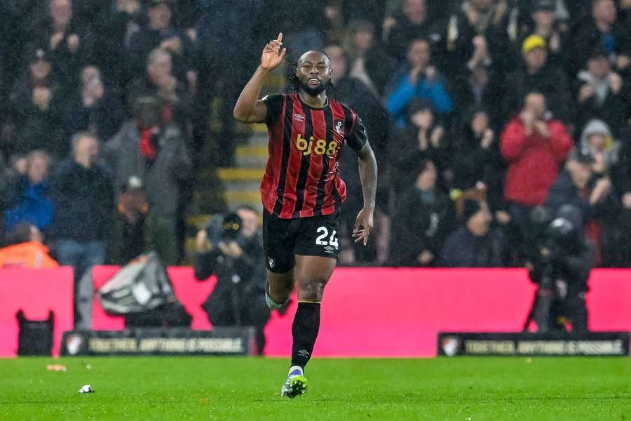 Antoine Semenyo celebrating a goal for Bournemouth during the Premier League 2025/26 season.