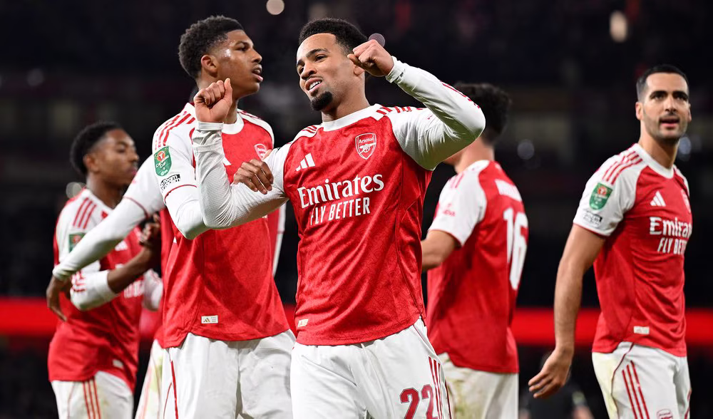 Arsenal players celebrating after victory over Brighton in the Carabao Cup