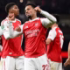 Arsenal players celebrating after victory over Brighton in the Carabao Cup