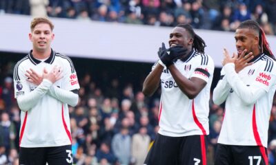 Calvin Bassey celebrating a Fulham win during the 2025 Premier League season.