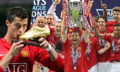 Cristiano Ronaldo lifting the Champions League trophy with Manchester United