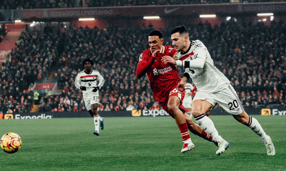 Diogo Dalot in action for Manchester United against Liverpool at Anfield