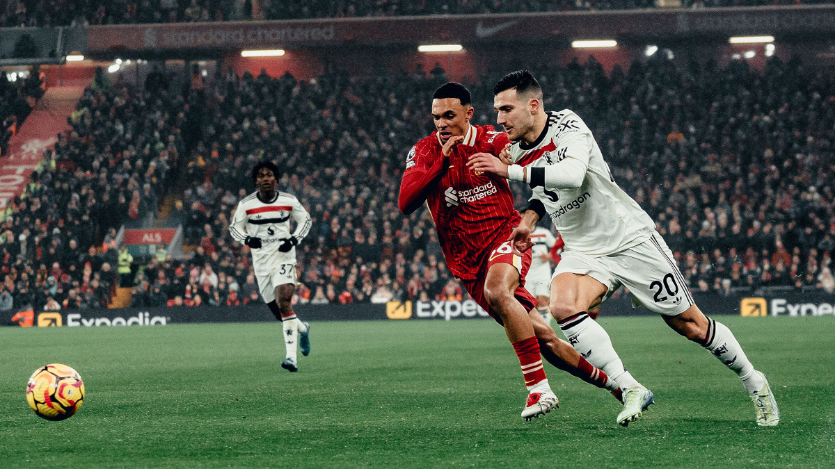 Diogo Dalot in action for Manchester United against Liverpool at Anfield
