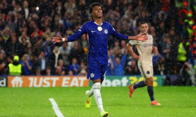 Estevao celebrates scoring for Chelsea in the Champions League match against Ajax