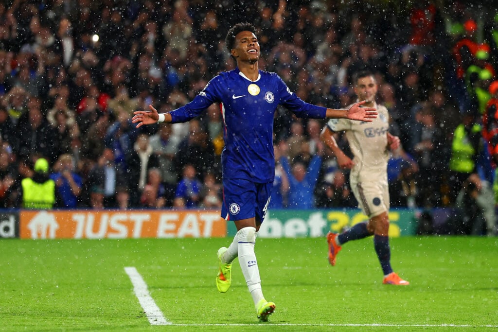 Estevao celebrates scoring for Chelsea in the Champions League match against Ajax