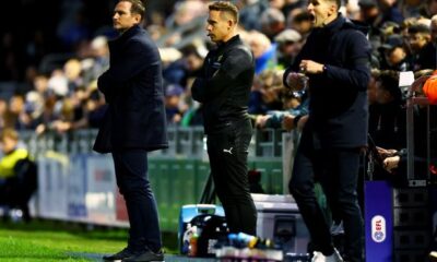 Frank Lampard and John Mousinho arguing on the touchline during Portsmouth vs Coventry match