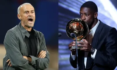 Luis Enrique speaks to Ousmane Dembele during PSG training session