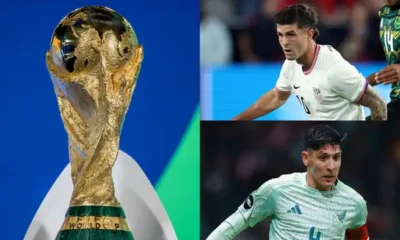 World Cup 2026 official ball and stadium in the United States with fans celebrating qualification.