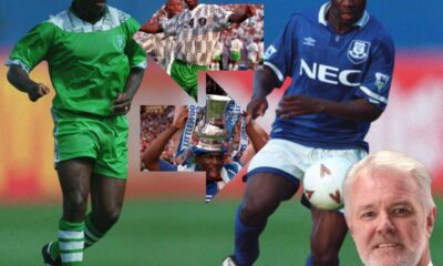 Daniel Amokachi celebrates scoring for Everton during the 1995 FA Cup semi-final against Tottenham