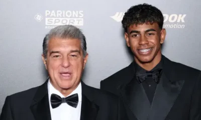 Lamine Yamal celebrating with Barcelona after scoring, teenage star hailed as a football genius