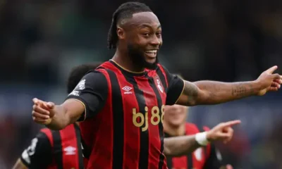 Antoine Semenyo celebrating a goal for Bournemouth during a Premier League match