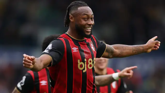 Antoine Semenyo celebrating a goal for Bournemouth during a Premier League match