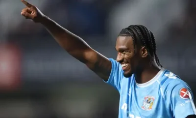 Haji Wright celebrating after scoring for Coventry City in the English Championship.