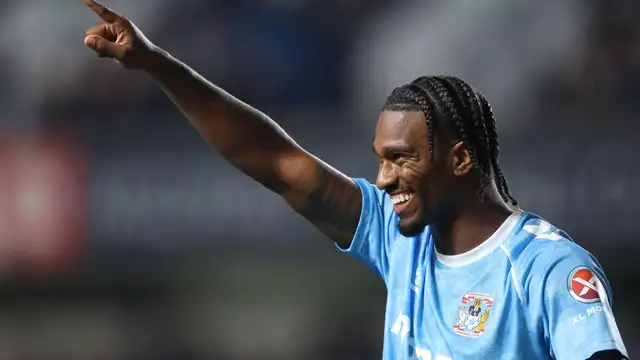 Haji Wright celebrating after scoring for Coventry City in the English Championship.