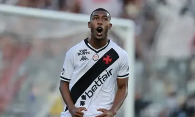 Brazilian wonderkid Rayan celebrating after scoring for Vasco da Gama in a Brasileirao match.