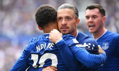 Jack Grealish celebrating an assist for Everton during a Premier League match