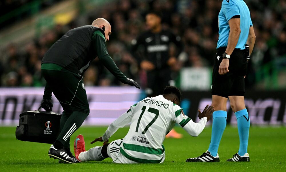 Kelechi Iheanacho holding his hamstring while walking off the pitch during Celtic’s Europa League match against Sturm Graz.