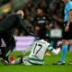 Kelechi Iheanacho holding his hamstring while walking off the pitch during Celtic’s Europa League match against Sturm Graz.