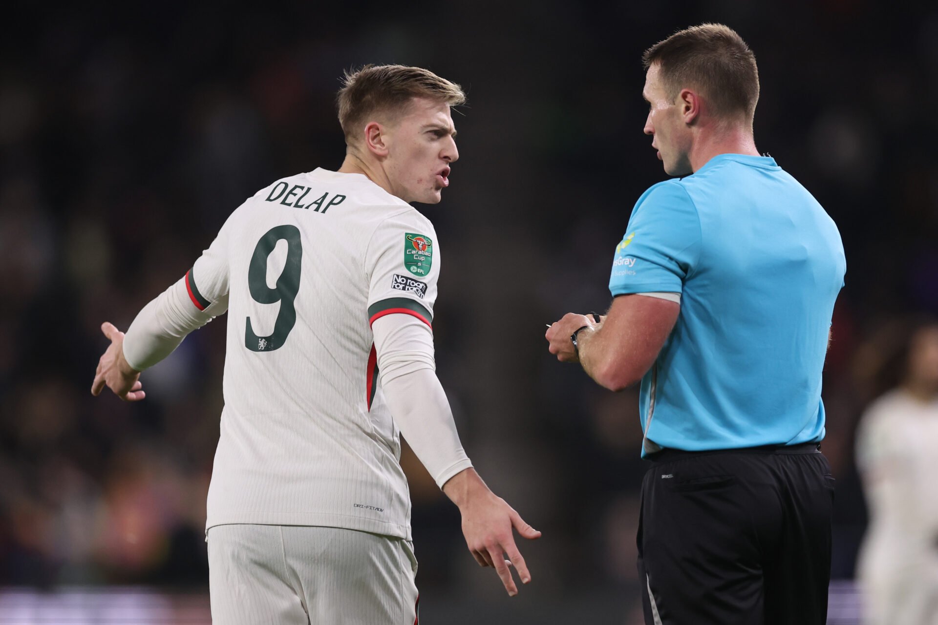 Liam Delap walks off the pitch after being sent off in the Carabao Cup match against Wolves