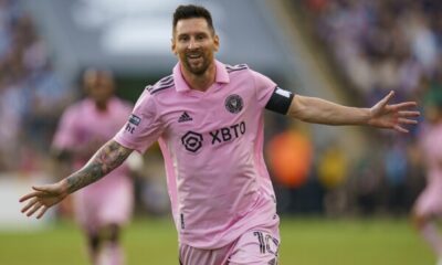 Lionel Messi celebrating after scoring for Inter Miami in MLS