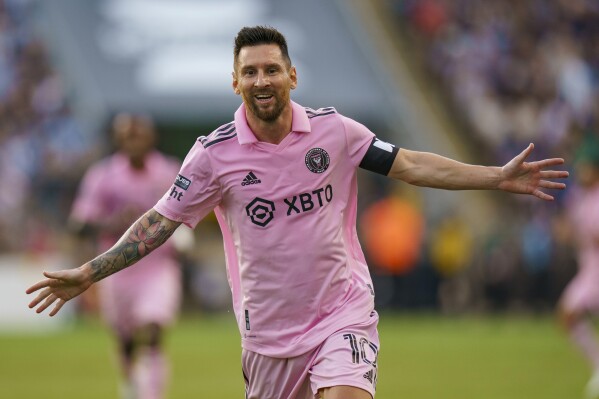 Lionel Messi celebrating after scoring for Inter Miami in MLS