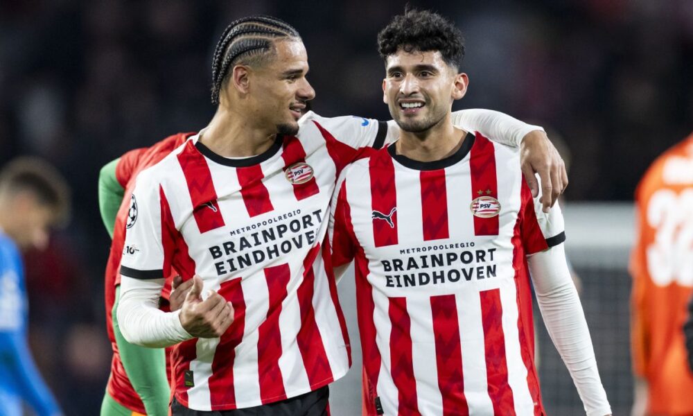PSV Eindhoven players celebrate after scoring in their 6-2 Champions League win over Napoli.