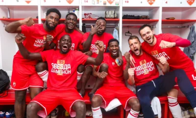 Peter Olayinka celebrating a goal in a Red Star Belgrade jersey