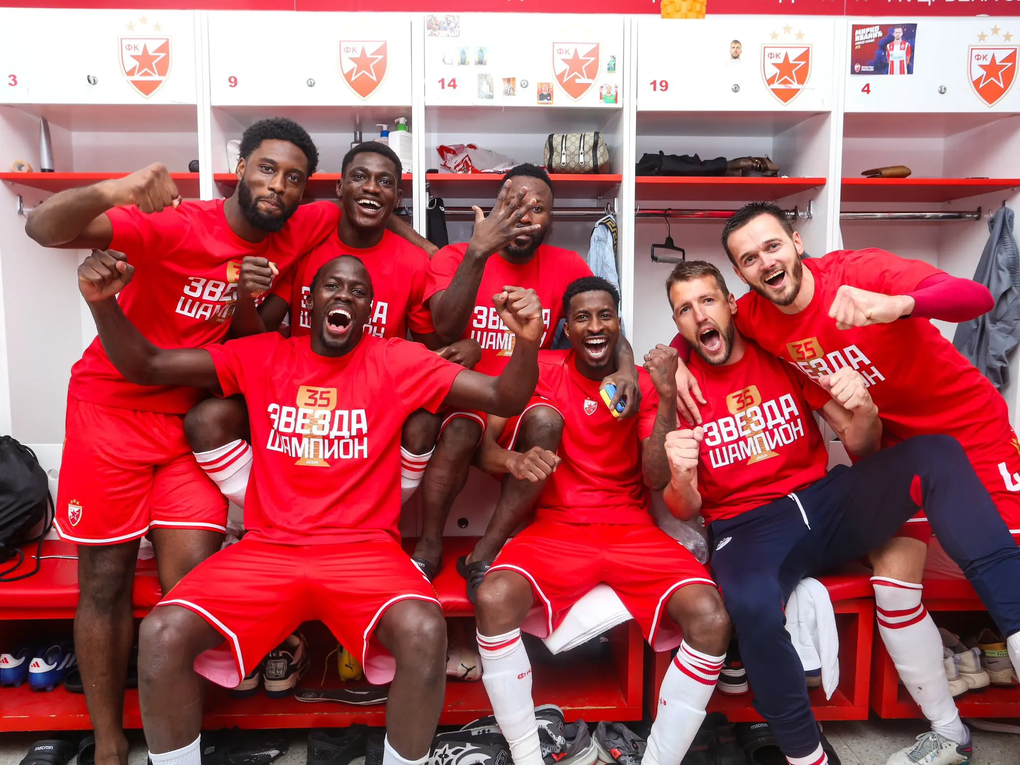 Peter Olayinka celebrating a goal in a Red Star Belgrade jersey