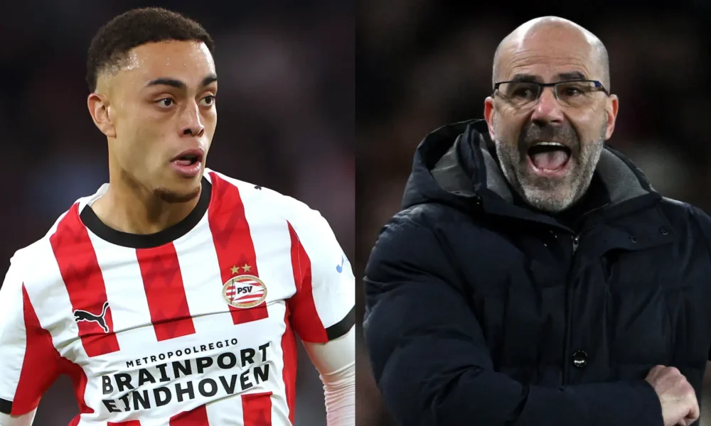 Sergino Dest sitting on the PSV bench during the Champions League win over Napoli