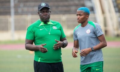 Super Falcons head coach Justine Madugu addressing players ahead of WAFCON 2026 qualifier against Benin Republic