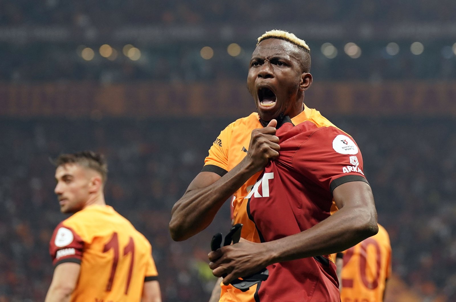 Victor Osimhen celebrates after scoring for Galatasaray in the Turkish Super Lig