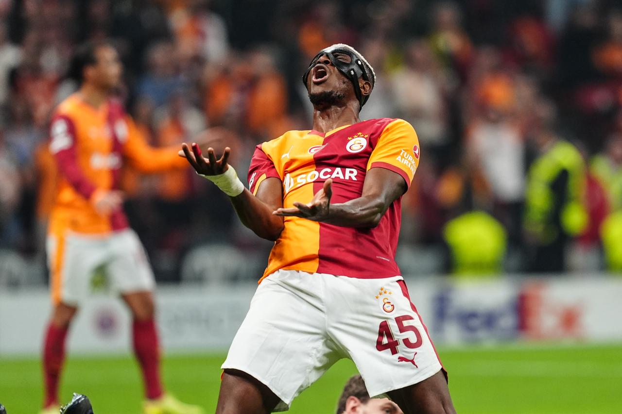 Victor Osimhen celebrating after scoring for Galatasaray in the UEFA Champions League