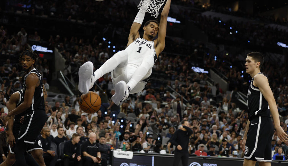Victor Wembanyama celebrates after leading San Antonio Spurs to victory against Brooklyn Nets