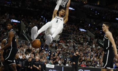 Victor Wembanyama celebrates after leading San Antonio Spurs to victory against Brooklyn Nets