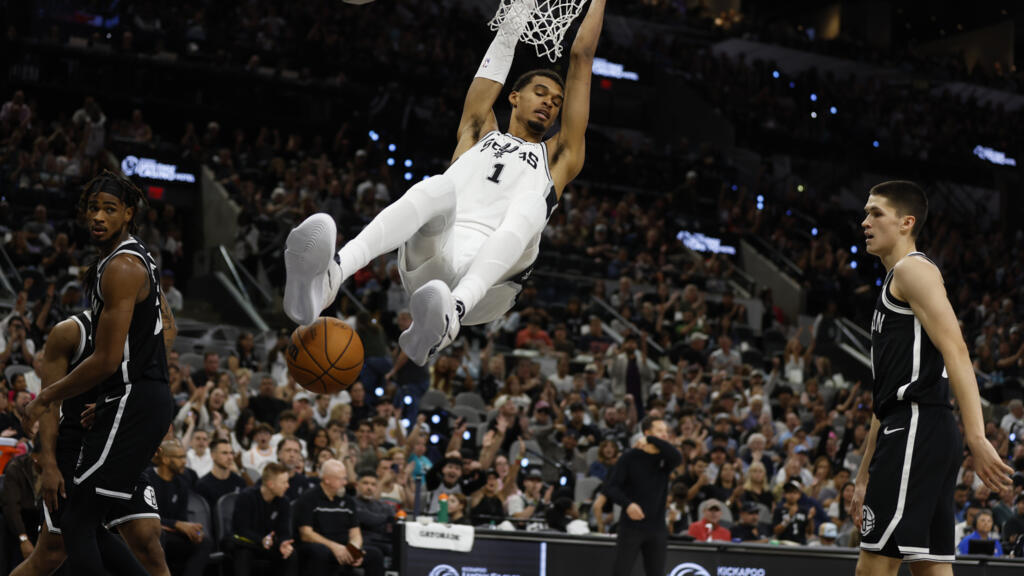 Victor Wembanyama celebrates after leading San Antonio Spurs to victory against Brooklyn Nets